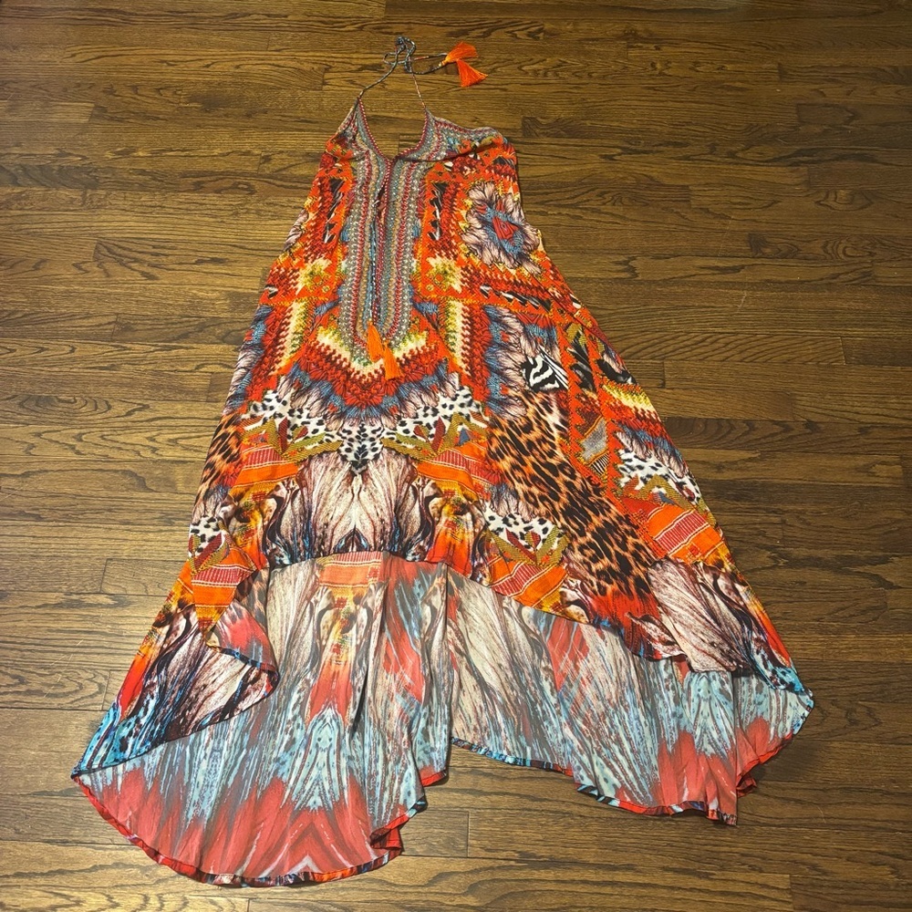 La Moda Vibrant Resort Cheetah Chic Halter Viscose Silk Vacation Summer Dress